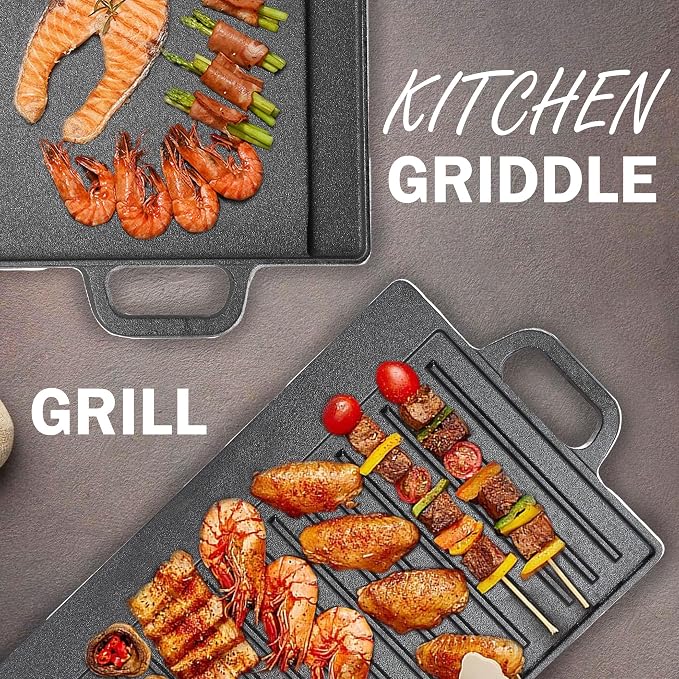 Vivicreate Cast Iron Griddle Skillet for Stove Top and Gas Grill – Flat Top Grill and Reversible Grill Griddle for Indoor or Camping Cooking – Comal Plancha para Tortillas