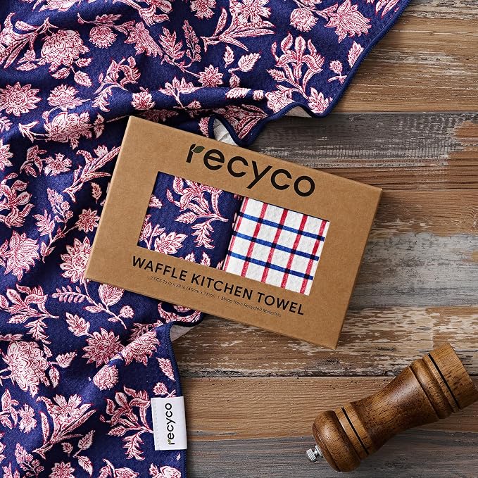 RECYCO Waffle Kitchen Towel Set of 2 - Quick Dry Microfiber Sustainable Dish Towels - Ultra Absorbent Reusable Cleaning Tea Towels - Lightweight Hand Towels,16”x 28”, Americana Bloom