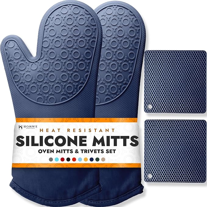 BPA-Free Soft Silicone 4 Piece Oven Mitts & Trivets Set - Ultra Heat Resistant Oven Mitts with Thick Cotton Liner - Long Slip Resistant Pot Holders, Flexible Oven Gloves - Navy