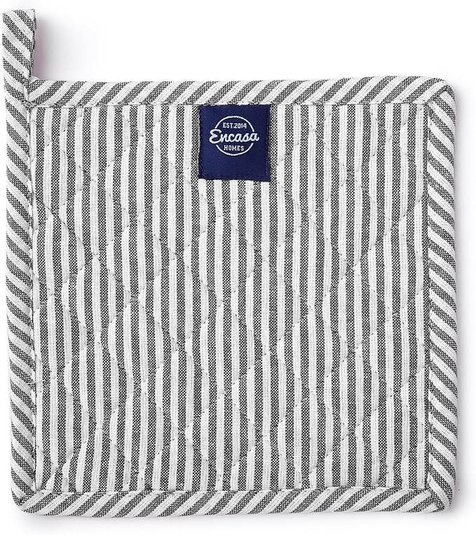Encasa XO Pot Holders, Quilted Kitchen Hot Pads 8"x8" Ticking Black | 100% Eco-Friendly Cotton | Thick Cotton Padding Insulation | Convenient Hanging Loop | Set of 2