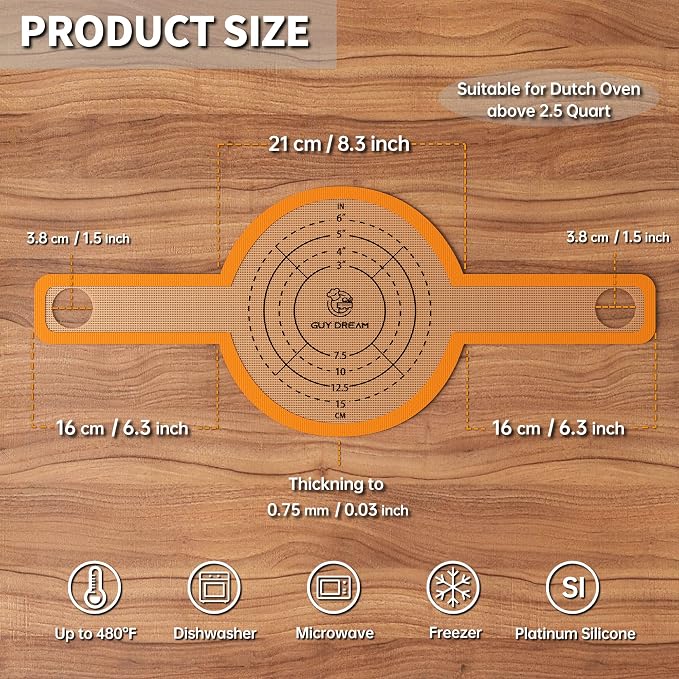 GUYGUYDREMAT Bread Sling for Dutch Oven – Heavy-Duty Reusable Silicone Baking Mat with Finger-Loop Handles, Non-Stick Sourdough Bread Liner, Fits 8–9 Inch Baskets (2-Pack, High-visibility Orange)