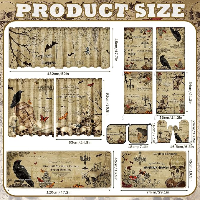 13 Pack Vintage Gothic Halloween Kitchen Decor Set, 3 Curtain Valance 2 Non Slip Rugs 4 Kitchen Towels 2 Pot Holders 2 Oven Mitts, Skull Raven Owl Spooky Print for Cooking Baking