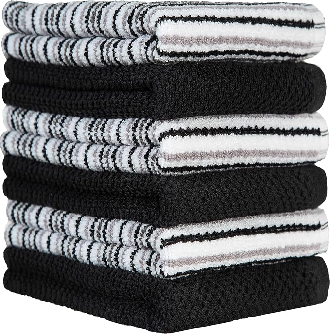 Bumble Kitchen Towels 6 Pack 100% Cotton 16"x26" - Black | 430 GSM Soft Kitchen Hand Towels with Hanging Loop, Highly Absorbent & Durable for Washing and Drying Dishes