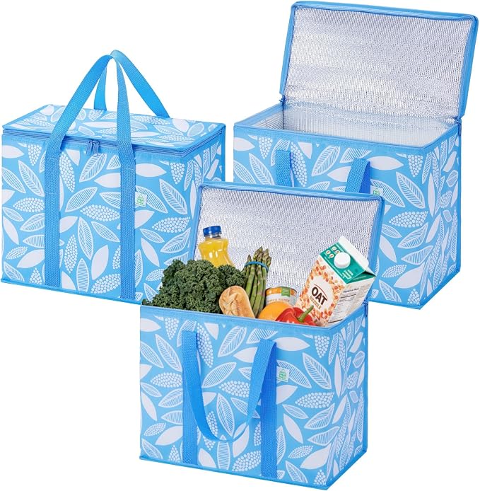 VENO 3 Pack Insulated Cooler Bag Reusable Grocery Bag for Food Delivery | Heavy Duty Large Collapsible Cooler Shopping Tote w/ Zippers, Foldable, Stands Upright for Camping (Spring Breeze, 3 Pack)
