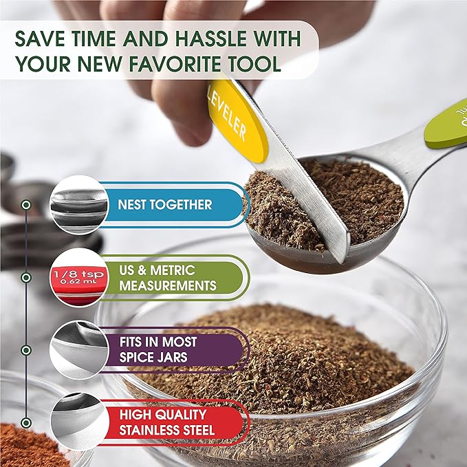Spring Chef Stainless Steel 8 Magnetic Measuring Spoons, 2 Pack, Multicolor | Dual Sided Metal Teaspoon & Tablespoon Measuring Spoons with Leveler for Dry & Liquid Ingredients, Nesting, Dishwasher Safe