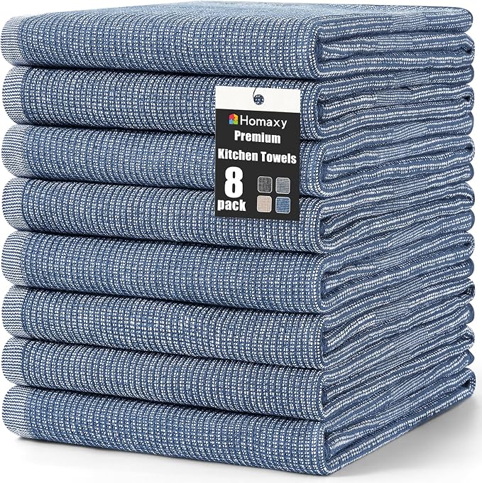 Homaxy 380 GSM Cotton Premium Kitchen Towels 8 Pack, 18"x 28", Navy Blue | Flat and Terry Dish Towels, Highly Absorbent Tea Towel Set with Hanging Loop, Soft Utility Kitchen Hand Towels