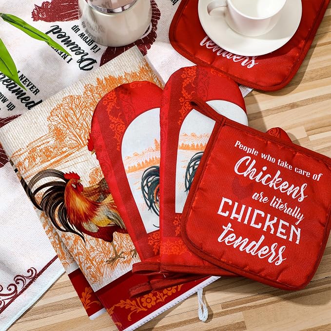Leinuosen 6 Christmas Red Rooster Farmhouse Kitchen Decor Dish Towels Oven Mitts and Pot Holders Sets Chicken Kitchen Towels Absorbent Decorative Accessories for Cooking Baking Grilling