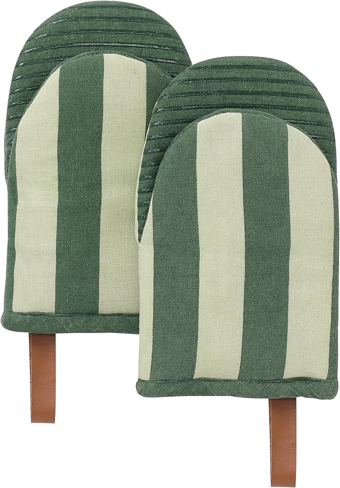 Folkulture Oven Mitts, Matcha Green, Set of 2, Heat Resistant - (5.75"x9") | 100% Cotton, Non Slip, Silicone, Cute Striped Mini Mits with Hanging Loop, Kitchen Décor, Cooking Gifts, New Home Essentials