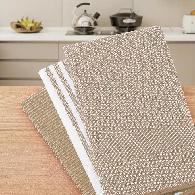 Homaxy Cotton 380 GSM Premium Kitchen Towels, 18"x 28", 9 Pack, Khaki | Soft and Absorbent Terry Dish Towels, Multipurpose Tea Towel Set with Hanging Loop, 3 Styles Kitchen Hand Towels