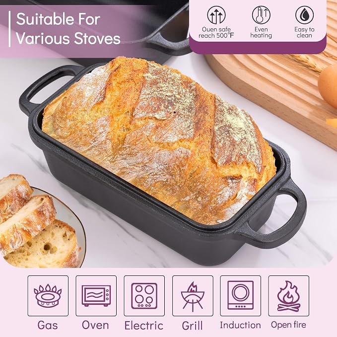 Cast Iron Loaf Pan with Lid 9x5 Inch,Sourdough Pan | 2 in 1 Loaf Pans for Baking Bread, Even Heat Distribution for Sourdough, Homemade Bread