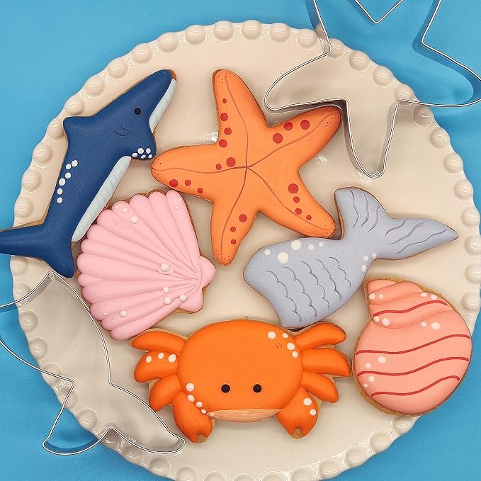 6 PCS Mermaid Cookie Cutters, Mermaid Tail,Starfish,Seashell, Shark, Crab Shapes Summer Themed Biscuits Molds Stainless Steel Metal Cutter for Kids Birthday Party Holidays