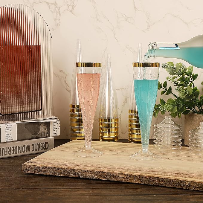 Zcaukya Plastic Champagne Flutes, 100 Count, 4.5oz, Clear with Golden Rim | Disposable Hard Stemware Cups, For Wedding, Graduation Party, Bridal Shower, Birthday Party