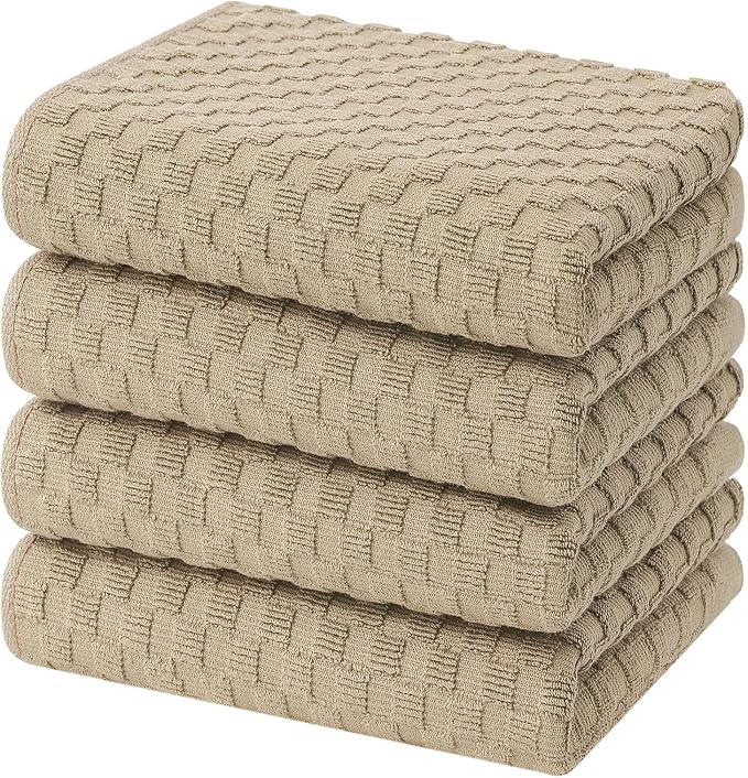 Homaxy 100% Cotton Terry Kitchen Towels(15" x 25", 4 Pack), Tan | Soft and Super Absorbent Dish Towels, 380 GSM Reusable Tea Towel with Hanging Loop, Pineapple Grid Designed