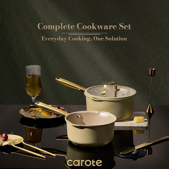 CAROTE 2Qt & 3Qt Nonstick Sauce Pan Set, Saucepan with Durable Cast Steel Handle, Oven-Safe, PFOS PFOA Free, Compatible with Gas/Electric/Induction Stovetops, Dishwasher Safe, Aluminum