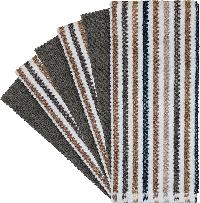 Bumble Kitchen Towels 6 Pack 100% Cotton 16"x26" - Grey Wide Stripe | 430 GSM Soft Kitchen Hand Towels with Hanging Loop, Highly Absorbent & Durable for Washing and Drying Dishes