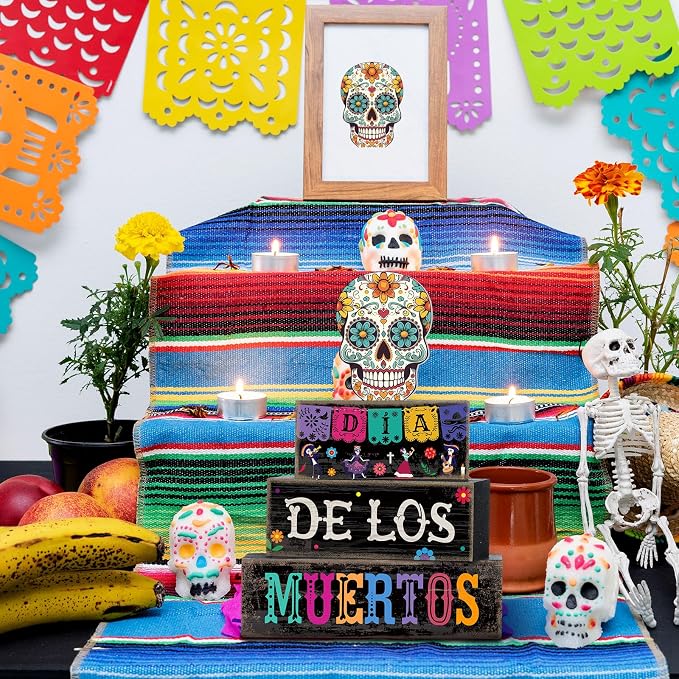 Lineshading 4 Pcs Day Of The Dead Table Decorations Sugar Skull Decor | Rustic Dia De Los Muertos Decor for Farmhouse Tabletop Tiered Tray, Stacked Blocks for Halloween Party Home Shelf Decoration