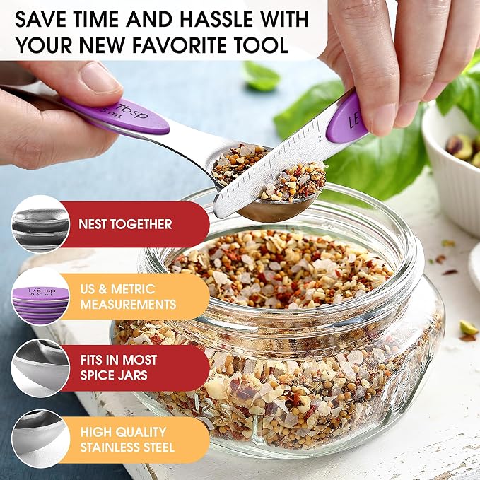 Spring Chef Stainless Steel Magnetic Measuring Spoons Set of 8, Orchid | Nesting Teaspoon & Tablespoon Measuring Spoons w/ Leveler for Dry & Liquid Ingredients, Measure Spoons For Baking & Cooking