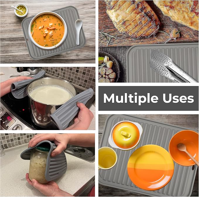 Silicone Trivets for Hot Dishes, Pots, Pans (2 Pack) - Heat-Resistant Pot Holders for Kitchen Countertop Mats - Silicone Trivet Mat (9 x 12 Inch) - Multipurpose Counter Pads (Grey)