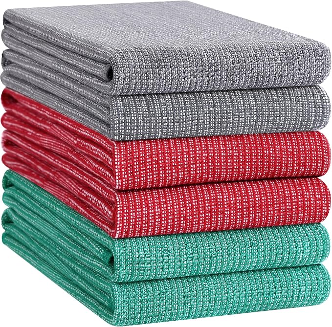 Homaxy 380 GSM Cotton Premium Kitchen Towels 6 Pack, 18"x 28", Mix | Flat and Terry Dish Towels, Highly Absorbent Tea Towel Set with Hanging Loop, Soft Kitchen Hand Towels, Grey/Red/Green