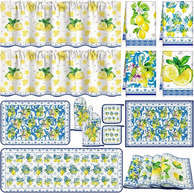 Fourluoo 16 Pcs Lemon Kitchen Decor Set 4 Summer Kitchen Towels 2 Non Slip Rugs and Mats for Floor 2 Oven Mitts Gloves 2 Pot Holders 4 Placemats 2 Curtains for Home Decoration Women Gift