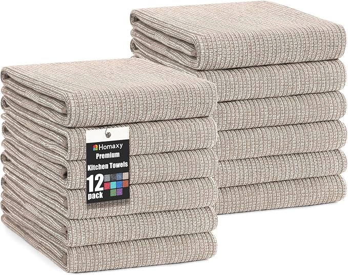 Homaxy 380 GSM Cotton Premium Kitchen Towels 12 Pack, 18"x 28", Khaki | Flat and Terry Dish Towels, Highly Absorbent Tea Towel Set with Hanging Loop, Soft Utility Kitchen Hand Towels