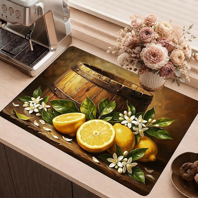 Lemon Floral Stove Top Cover 28.3 x 20.5 Inch, Rustic Farmhouse Glass Cooktop Protector Mat, Vintage Citrus Barrel Electric Range Cover for Kitchen Counter Decor (Lemon Yellow)