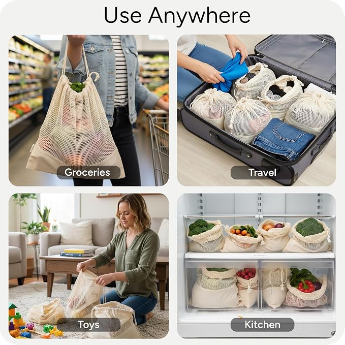 Reusable Produce Bags – 100% Cotton Mesh & Solid Hybrid (Medium 10x12 inch 6 Pcs) – Reusable Grocery Bags for Apples, Carrots, Bulk Vegetables – Washable, Plastic-Free, Breathable, Zero Waste