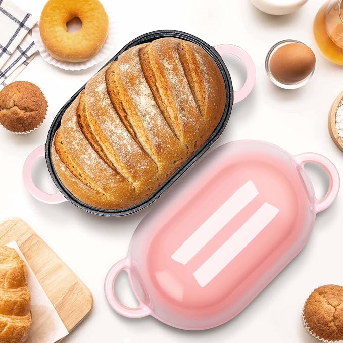 Homikit Enameled Cast Iron Dutch Oven for Bread Baking, 2.8 QT Oval Bread Oven Pot with Lid, 9.5 x 5.7 Inch Sourdough Loaf Baking Pan for Homemade Bread, Heavy Duty & Oven Safe, Pink