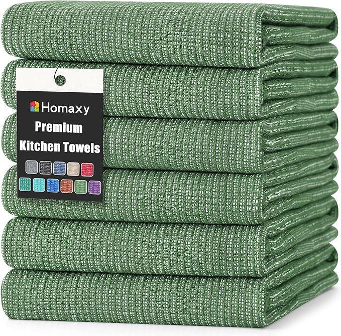 Homaxy 380 GSM Cotton Premium Kitchen Towels 6 Pack, 18"x 28", Grass Green | Flat and Terry Dish Towels, Highly Absorbent Tea Towel Set with Hanging Loop, Soft Utility Kitchen Hand Towels