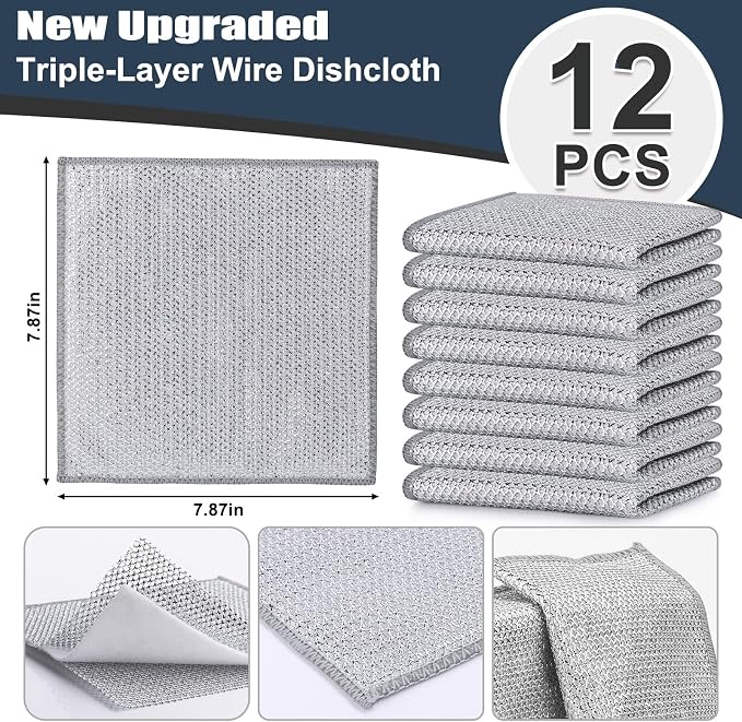 12 Pcs New Upgrade Steel Wire Dishcloth,Triple-Layer Steel Wire Cleaning Cloth,Powerful Cleaning Non-Scratch Wire Dishcloth Rag for Cookware, Sinks, Dishes, Stove Tops