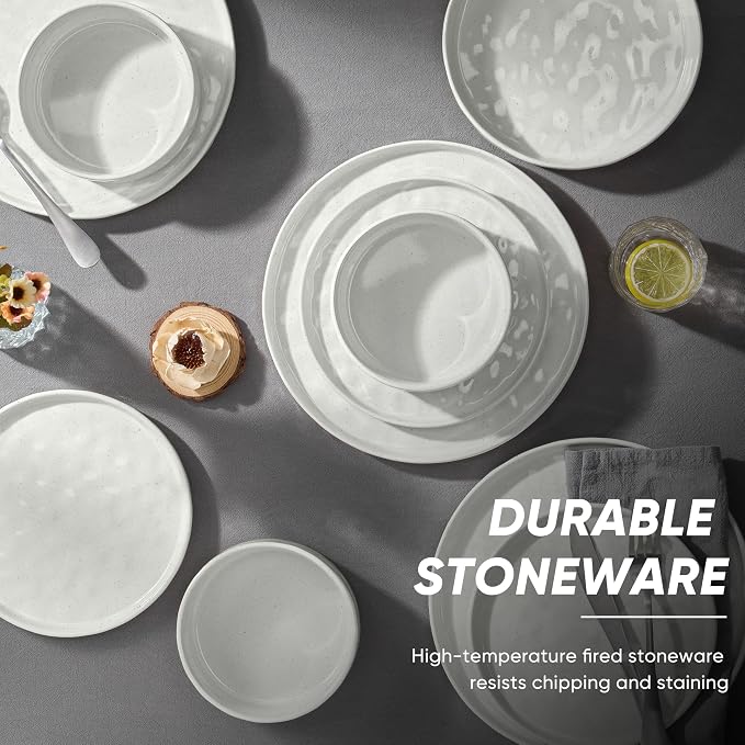 E-far Stoneware Dinnerware Set, 16-Piece White Plates and Bowls Sets for 4 | Modern Ripple Design Dishes Set for Kitchen Dining, Chip & Scratch Resistant, Microwave & Dishwasher Safe, Speckled White