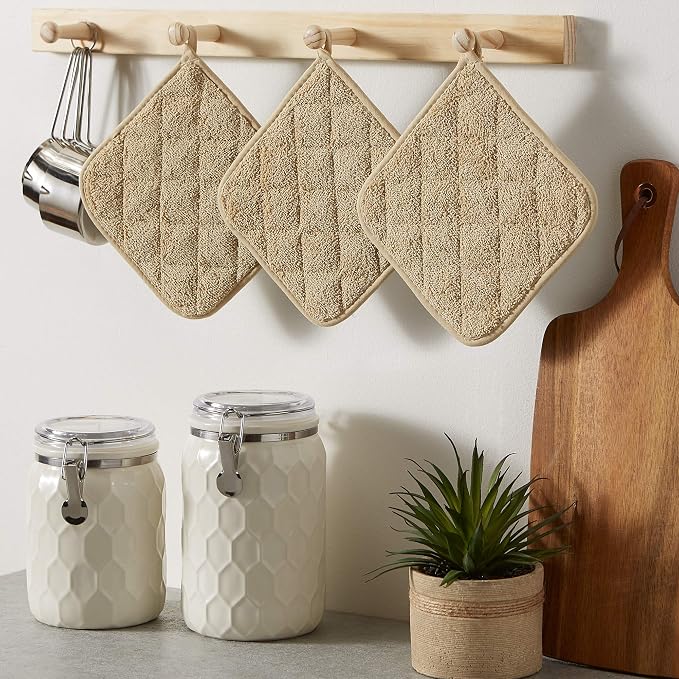 DII Basic Terry Collection Quilted 100% Cotton, Potholder, Pebble, 3 Piece