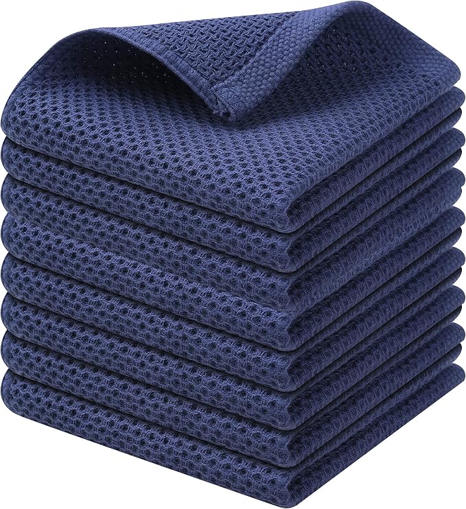 Kitinjoy 100% Cotton Waffle 8-Pack Kitchen Towels, 12" x 12", Navy Blue | Ultra Absorbent, Super Soft, lightweight, Quick Drying Dish Rags for Washing Dishes