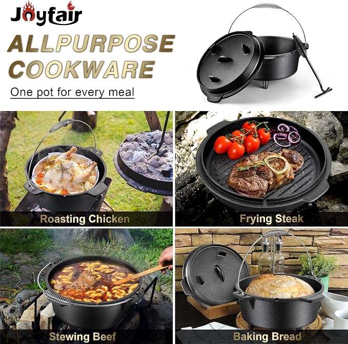 Joyfair Pre-seasoned Cast Iron Camp Dutch Oven with Accessories, 5QT Pot | Open Fire Camping Cookware with 2QT Skillet Lid For Outdoor Campfire Cooking - Baking Sourdough Bread, Oven Safe