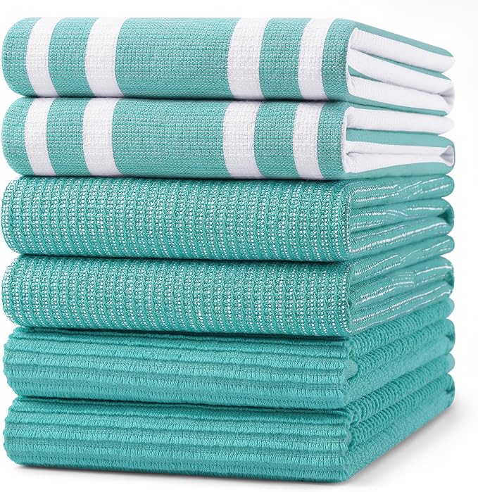 Homaxy Cotton 380 GSM Premium Kitchen Towels, 18"x 28", 6 Pack, Teal | Soft and Absorbent Terry Dish Towels, Multipurpose Tea Towel Set with Hanging Loop, 3 Styles Kitchen Hand Towels