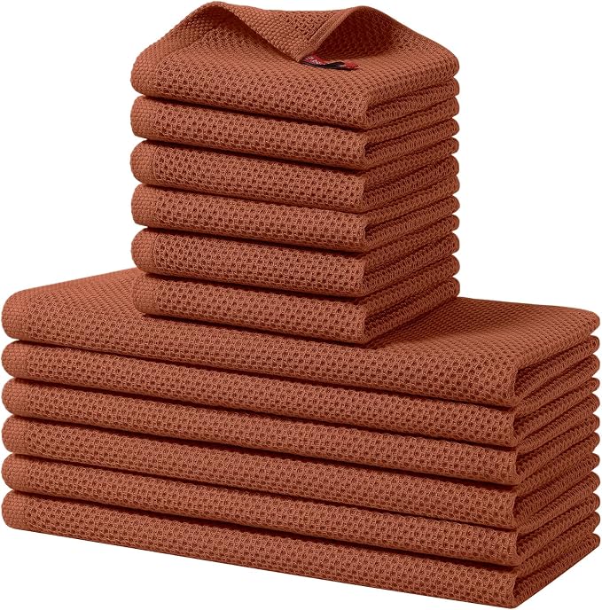 Homaxy 12 Pack 100% Cotton Kitchen Towels and Dishcloths Set, Rust | 12 x 12 Inches and 13 x 28 Inches Kitchen Towels Set, Ultra Soft Absorbent Dish Cloths for Washing Dishes