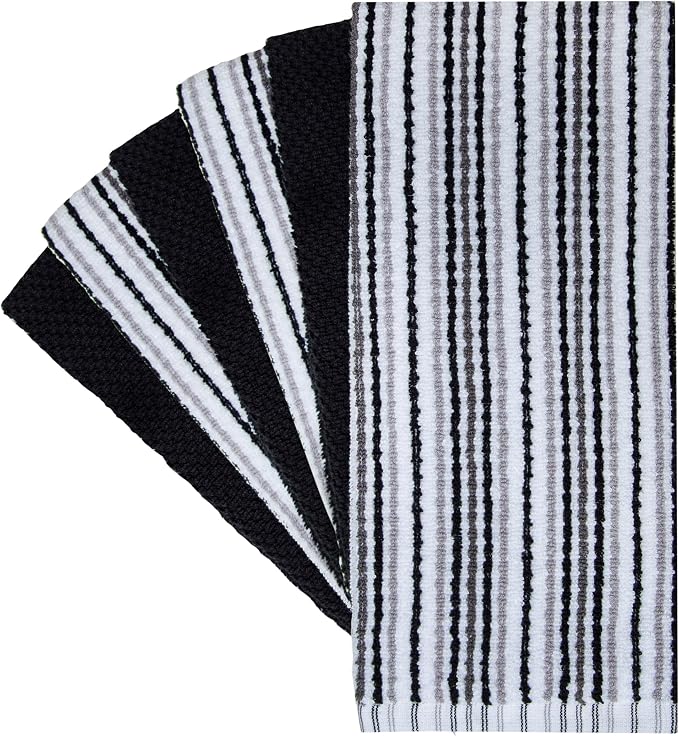 Bumble Kitchen Towels 6 Pack 100% Cotton 16"x26" - Black | 430 GSM Soft Kitchen Hand Towels with Hanging Loop, Highly Absorbent & Durable for Washing and Drying Dishes