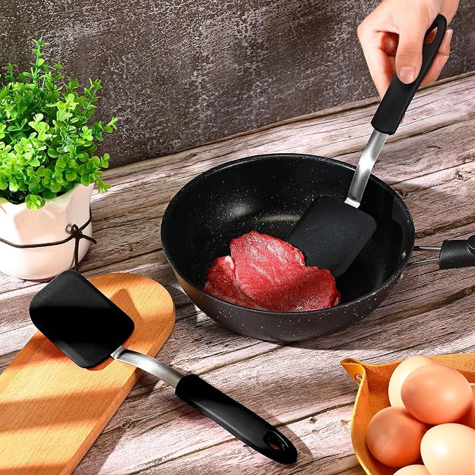 Silicone Cookie Spatula Turner 2 Pack Mini Brownie Spatula Flexible Kitchen Small Silicone Turner for Nonstick Cookware Heat Resistant No Scratch Flipper for Egg(Solid Flat,Black)