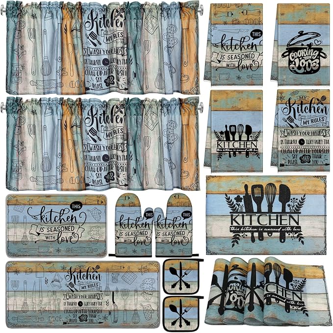Fourluoo 16 Pcs Farmhouse Kitchen Decor Set 4 Kitchen Towels 4 Placemats 2 Non Slip Rugs and Mats for Floor 2 Spring Oven Mitts Gloves 2 Pot Holders 2 Floral Curtains for Home Decoration Gift