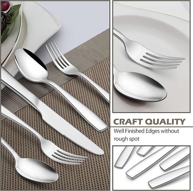 E-far 60 Pcs Heavy Duty Silverware Set for 12, Stainless Steel Flatware Set | Thick Metal Tableware Eating Utensils Include Forks Spoons Knives, Square Edge & Mirror Polished Cutlery, Dishwasher Safe