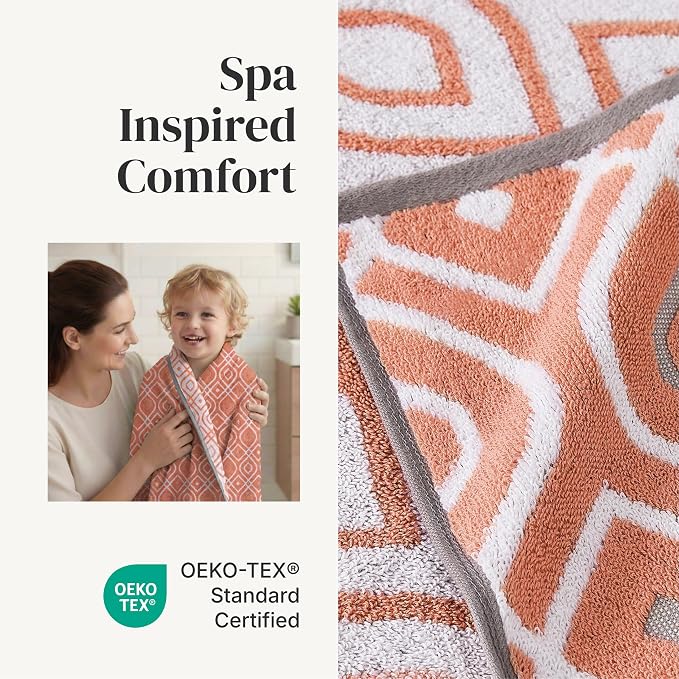 Modern Threads 6 Piece Bath Towel Set – Bathroom Set with 2 Bath Towels, 2 Hand Towels, and 2 Wash Cloths – 100% Cotton, Super Absorbent & Extra Soft – Reversible Classic Diamond (Rust Orange)