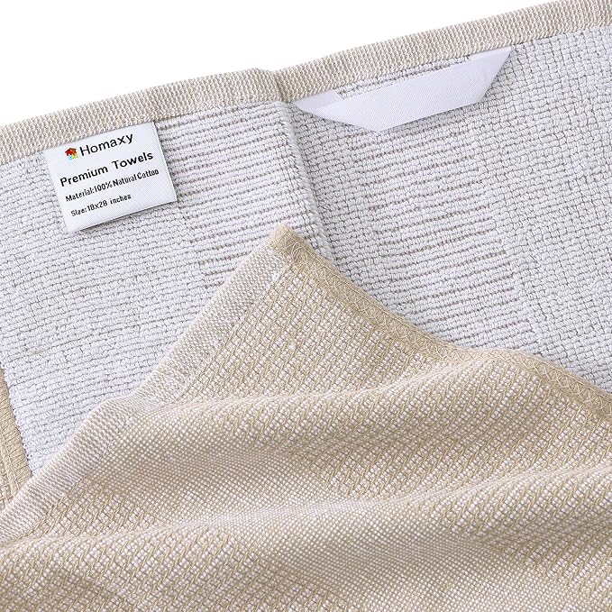 Homaxy 380 GSM Cotton Premium Kitchen Towels 6 Pack, 18"x 28", Khaki | Flat and Terry Dish Towels, Highly Absorbent Tea Towel Set with Hanging Loop, Soft Utility Kitchen Hand Towels