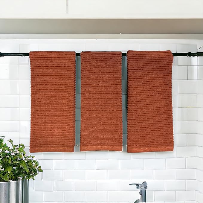 Cinnamon Maroon Rust Kitchen Dish Towels, Set of 3, 100% Cotton, 18" x 28" | Terry Loop Ribbed Textured, Soft & Absorbent Cleaning Cloth, Quick Dry, Multipurpose for Everyday Use