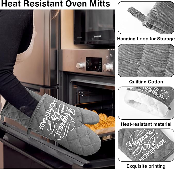 6Pcs Cotton Oven Mitts and Pot Holders Set Happiness is Homemade Heat Resistant Hot Pad Machine Washable Microwave Gloves with Hanging Loop Pocket Potholder for Kitchen Baking Cooking Grilling