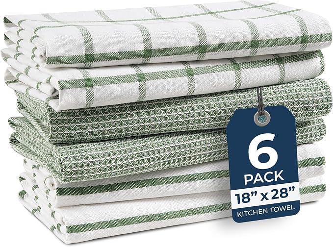 LANE LINEN Cotton Kitchen Towels Set, 6-Pack – Absorbent, Quick-Drying Dish Towels, 18" x 28", Premium Hand and Tea Towels - Olive