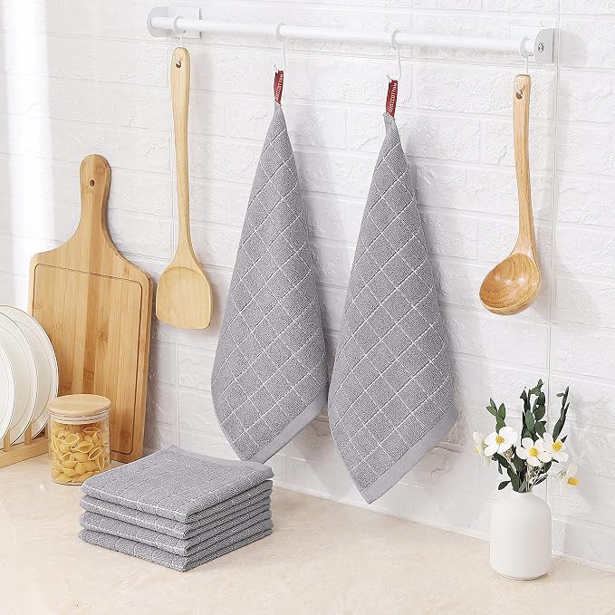 Homaxy 100% Cotton Terry Kitchen Dish Cloths, 12 Pack, Light Grey | Ultra Soft and Absorbent, Suitable for Drying and Washing Dishes