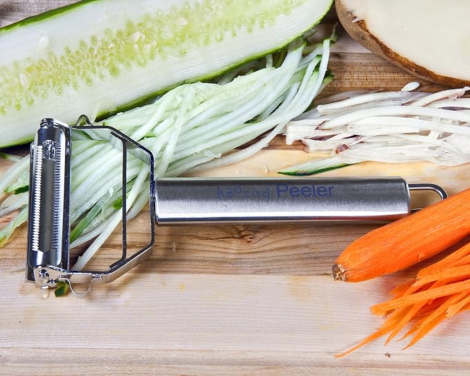 Julienne Vegetable Peeler, Cutter and Slicer is Perfect for Making Potato, Carrot, Zucchini or Butternut Squash Noodles. Amazing Peeler Includes a Free Cleaning Brush and has a Dual Blade Feature. Enhance Your Kitchen Experience Now!