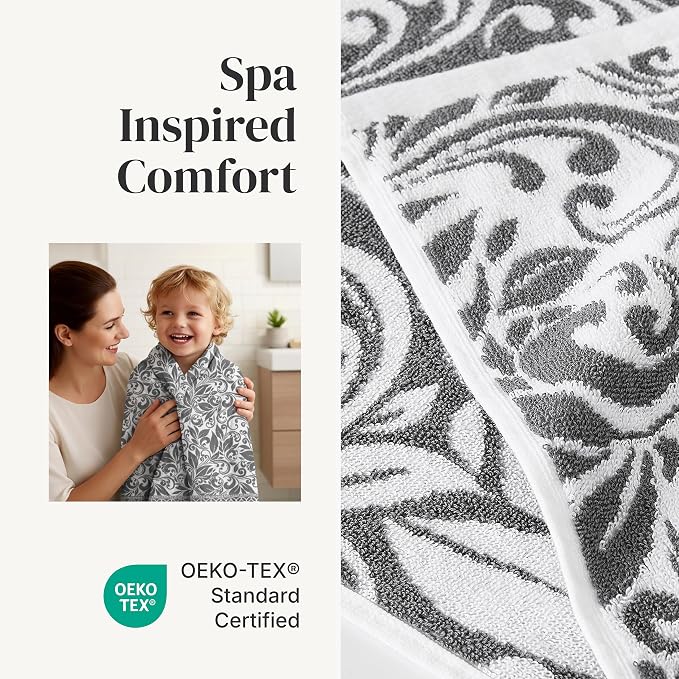 Modern Threads 6 Piece Bath Towel Set – Bathroom Set with 2 Bath Towels, 2 Hand Towels, and 2 Wash Cloths – 100% Cotton, Super Absorbent & Extra Soft – Reversible Botanical Vine (Gray)