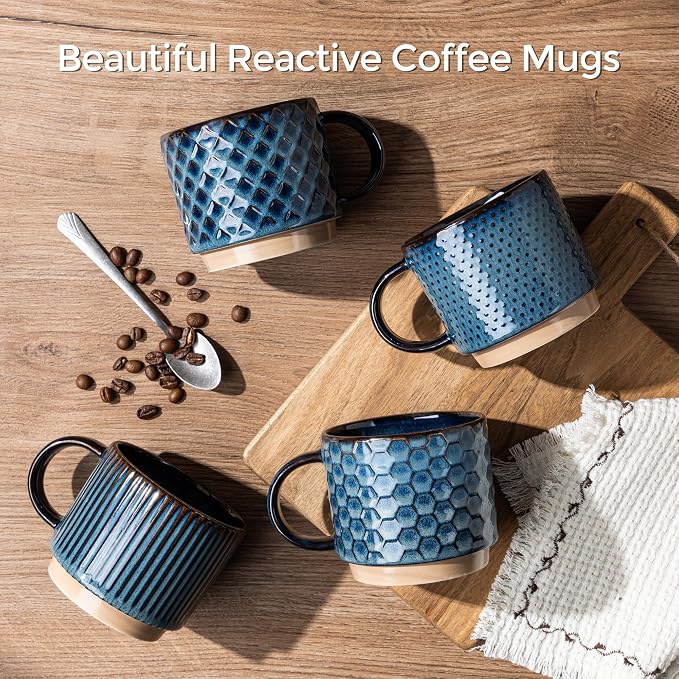GBhome 15 OZ Stackable Coffee Mugs Set of 4, Ceramic Coffee Cups Set | 4 Assorted Designs, Embossed Mugs with Texture Patterns for Tea/Coffee, Dishwasher&Microwave Safe, Deep Sea