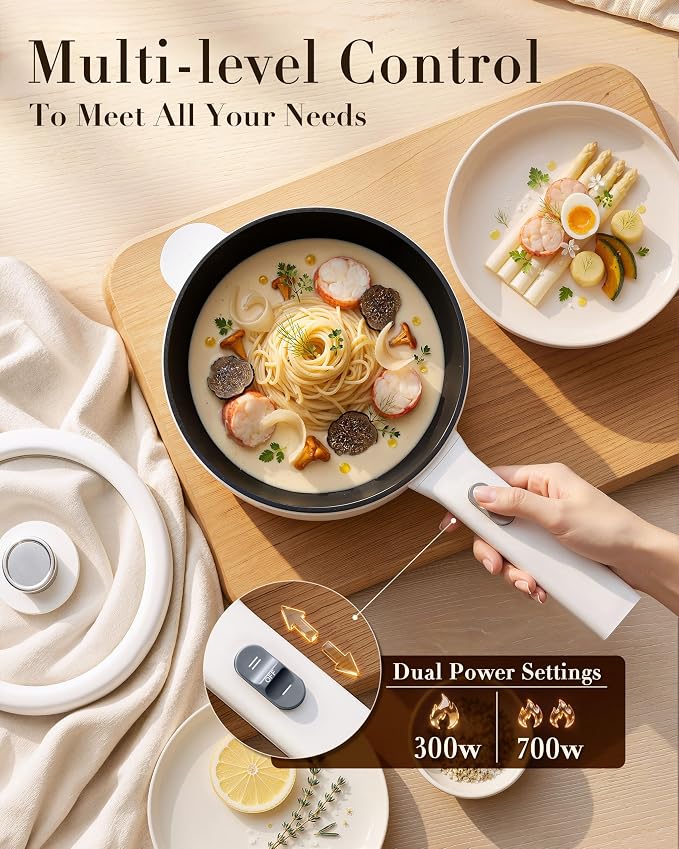 Dezin 2L Hot Pot Electric, Non-Stick Electric Pan, 700W Adjustable Power | Electric Pot for Cooking/Steak/Egg/Fried Rice/Ramen/Soup, Portable Pot for Dorm/RV/Family/Travel/Camping, Include Spatula
